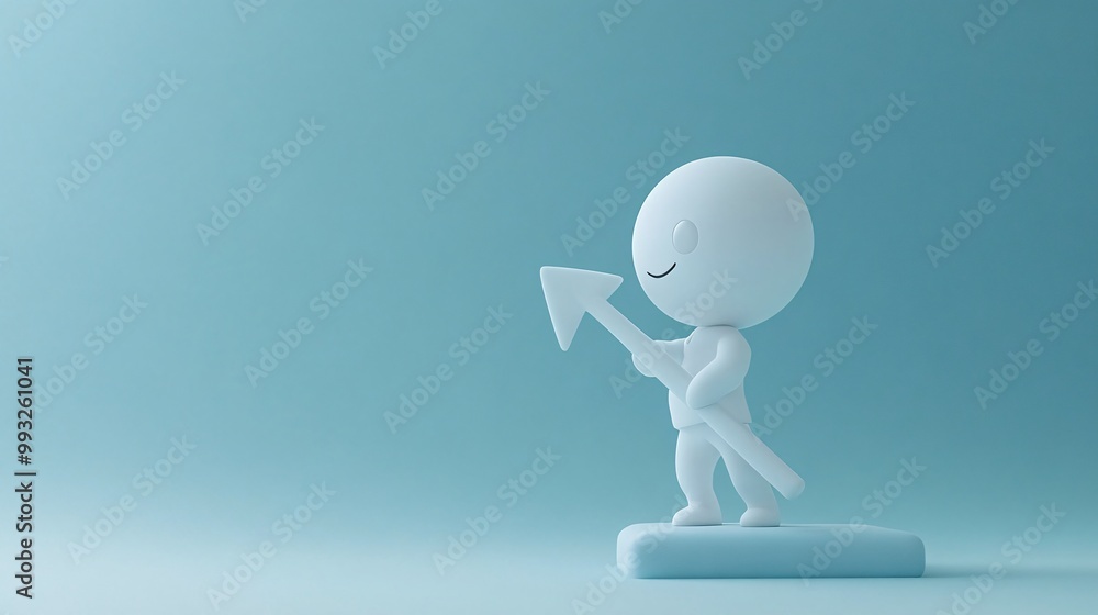 Poster A single 3D character holding a large financial arrow and pulling it upward with determination showing the challenges of economic growth Large space for text in center Stock Photo with copy space