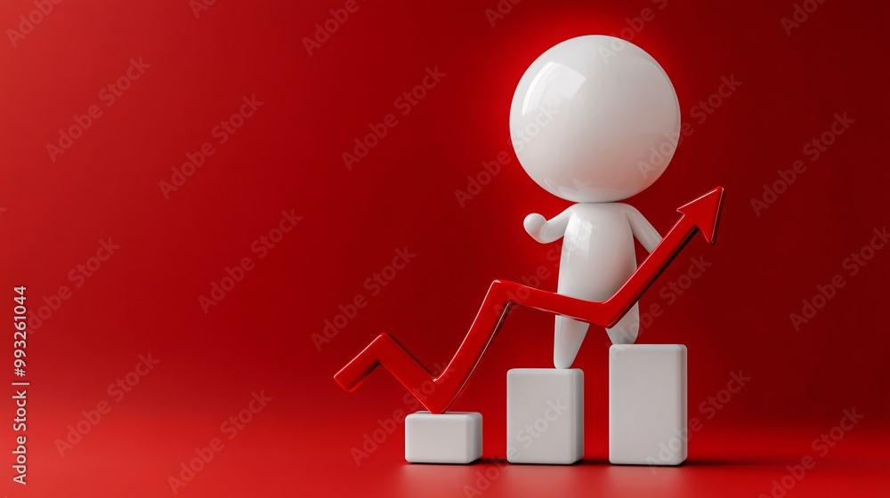 Aufkleber A single 3D character holding a large financial arrow and pulling it upward with determination showing the challenges of economic growth Large space for text in center Stock Photo with copy space
