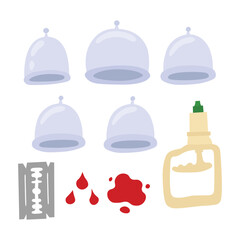 Illustration set of hijama items doodle flat style. Traditional cupping therapy concept