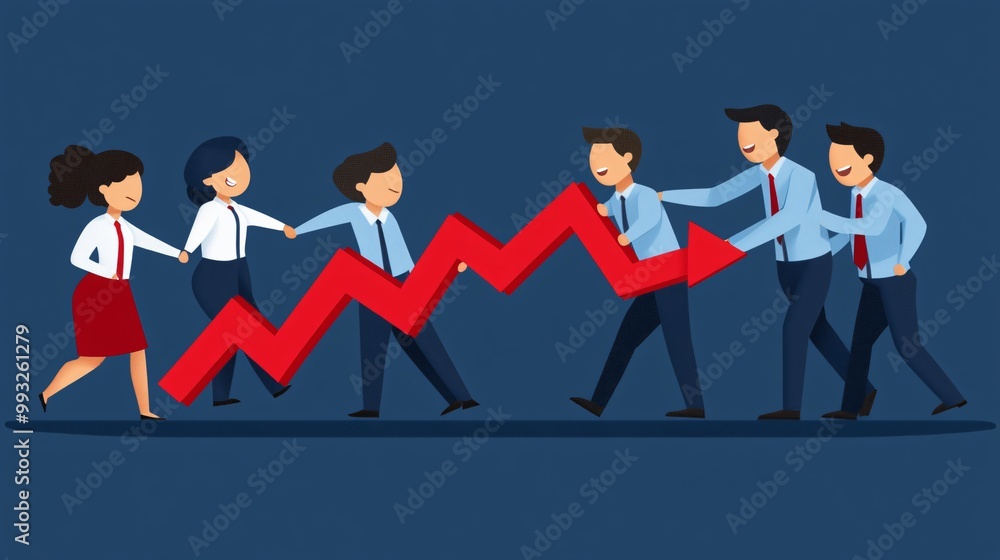 Aufkleber A digital art vector of a team of cartoon characters pulling on the rising end of a financial graph showing their teamwork in boosting the economy Large space for text in center Stock Photo with copy