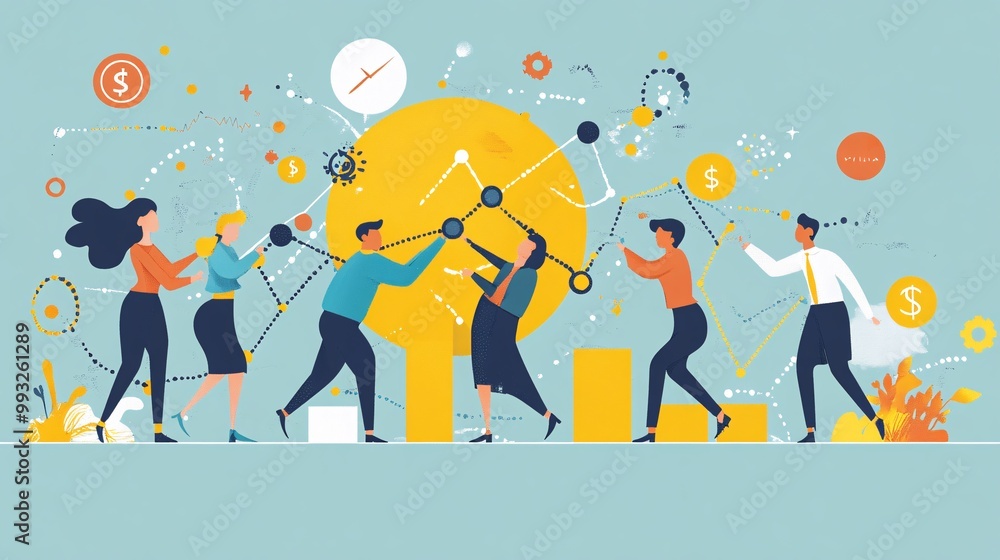 Poster A digital art vector of a team of cartoon characters pulling on the rising end of a financial graph showing their teamwork in boosting the economy Large space for text in center Stock Photo with copy