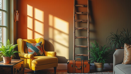 Cozy Living Room with Travel Accents, A sun-drenched living room bathed in warm colors. A yellow armchair and wooden ladder add a touch of rustic charm.