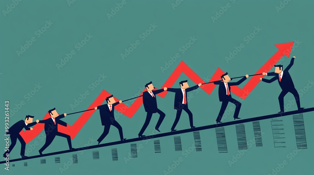 Aufkleber A digital art vector of a team of cartoon characters pulling on the rising end of a financial graph showing their teamwork in boosting the economy Large space for text in center Stock Photo with copy