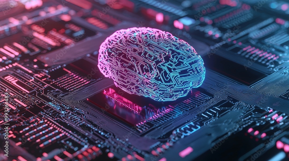 Poster in this futuristic blue background, a robot hand holds an ai self-learning problem-solving solution,