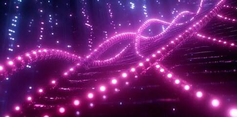 Obraz premium Abstract pink and blue neon lights in a dark background with glowing dots.