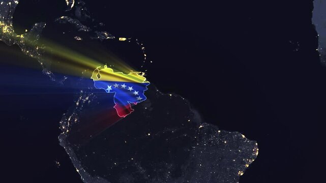 Realistic Digital Earth Night Orbit and Zoom Shining Country Flag Embedded in Borders Venezuela