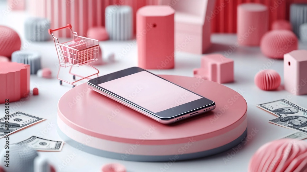 Poster A sleek smartphone placed on a circular platform accompanied by a miniature shopping cart and scattered currency emphasizing the concept of e-commerce and digital finance Large space for text in