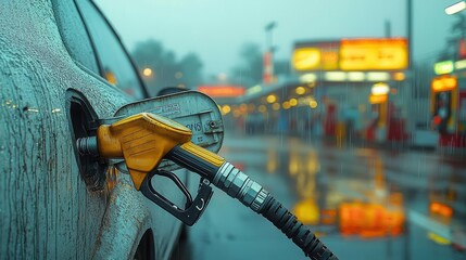 closeup of a fuel pump nozzle at a gas station highlighting details and textures that speak to the everyday experience of refueling in a modern transportation landscape