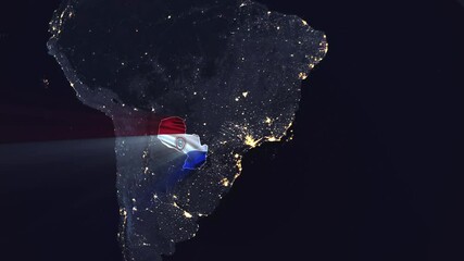 Realistic Digital Earth Night Orbit and Zoom Shining Country Flag Embedded in Borders Paraguay
