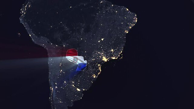 Realistic Digital Earth Night Orbit and Zoom Shining Country Flag Embedded in Borders Paraguay