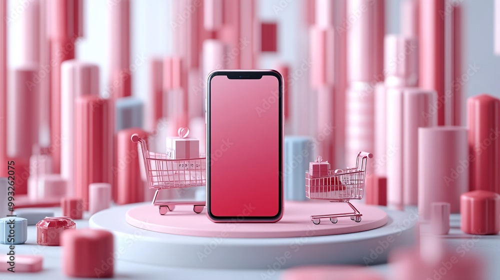 Poster a modern smartphone positioned on a circular podium next to a small shopping cart and currency illus