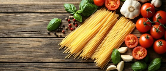 Spaghetti, Tomatoes, Garlic, and Basil on Rustic Wooden Background