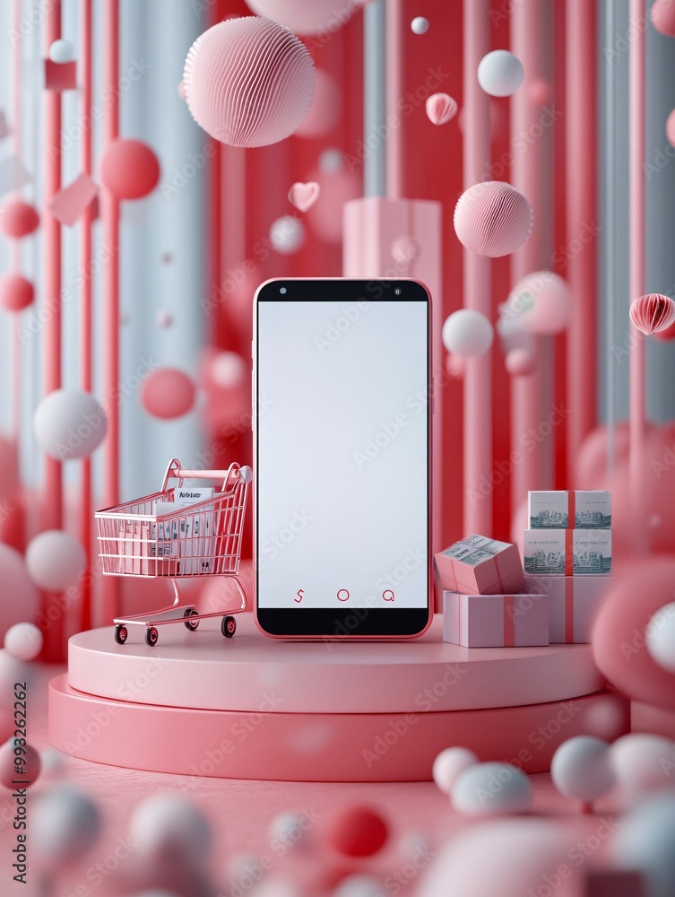 Poster A modern smartphone positioned on a circular podium next to a small shopping cart and currency illustrating the connection between online shopping and financial technology Large space for text in