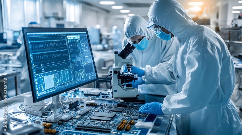 Poster two engineers in clean suits inspecting a circuit board with a microscope