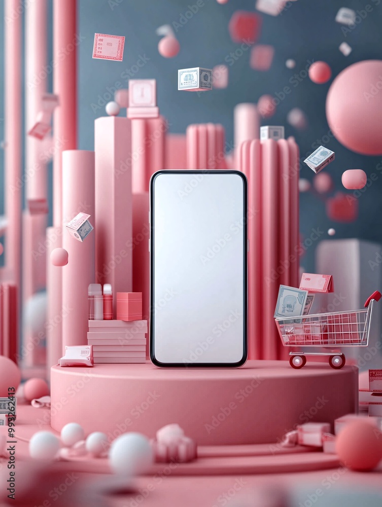 Poster A modern smartphone positioned on a circular podium next to a small shopping cart and currency illustrating the connection between online shopping and financial technology Large space for text in