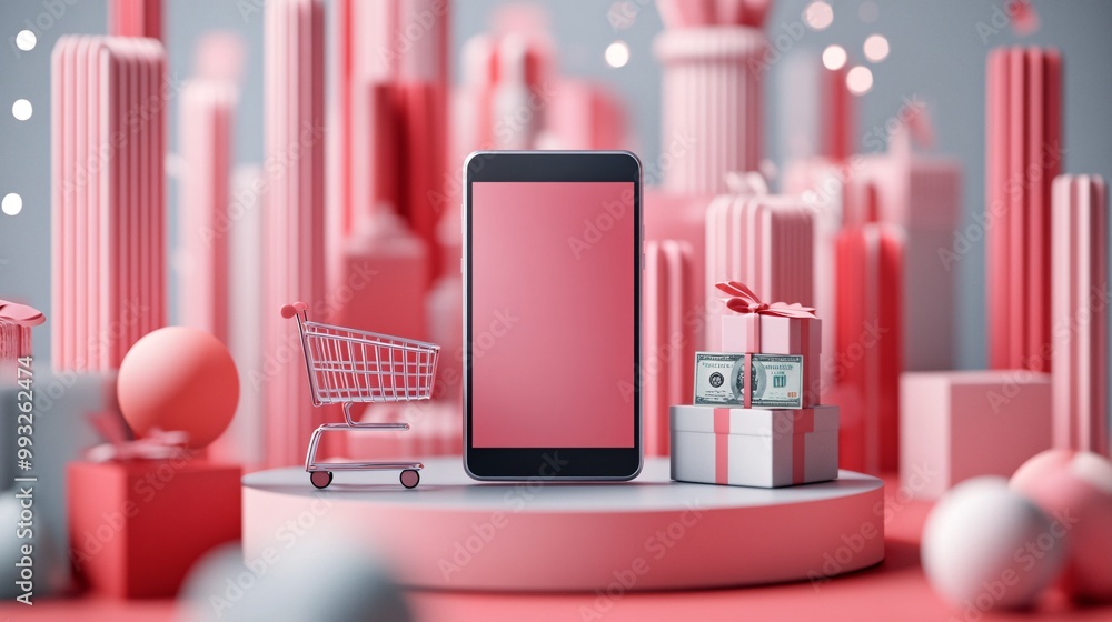 Poster A modern smartphone positioned on a circular podium next to a small shopping cart and currency illustrating the connection between online shopping and financial technology Large space for text in