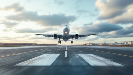 A plane taking off from the runway, a stock photo with a sky background. Created with Ai
