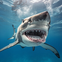 Naklejka premium Great White Shark Swimming Underwater With Its Sharp Teeth Exposed In A Close-Up