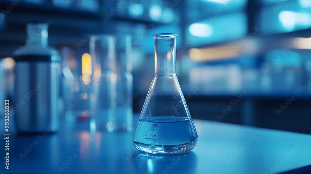 Aufkleber a single erlenmeyer flask filled with clear liquid on a blue surface in a laboratory setting