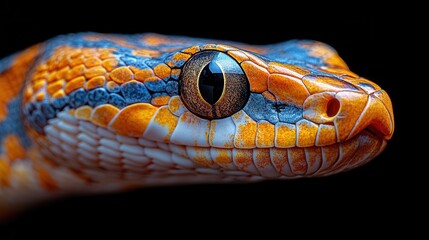 Fototapeta premium closeup of an exotic snake showcasing its mesmerizing scales and patterns highlighting the elegance and allure of this creature in a striking black background