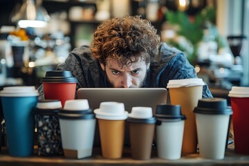 Overworked Man Hunched Over Laptop Surrounded by Coffee Cups Indicating Work Addiction and Burnout