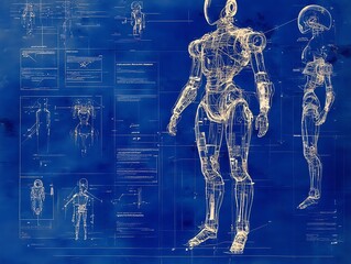 Blueprints of a humanoid robot with technical details and sketches on the background.