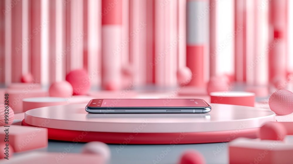 Poster A close-up shot of a smartphone lying on a glossy circular podium with sleek geometric lines in the background creating a tech-focused atmosphere Large space for text in center Stock Photo with copy