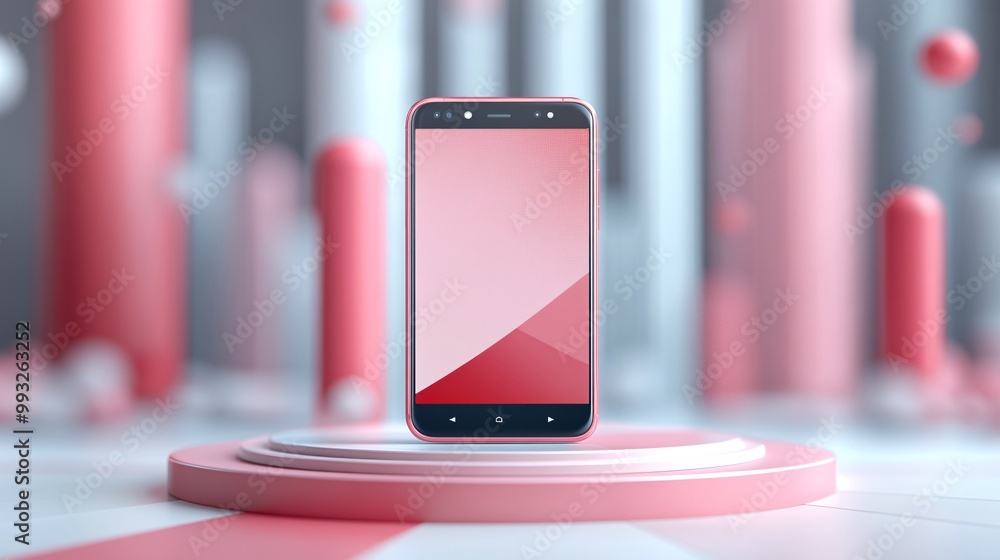 Poster A smartphone showcased on a circular platform with subtle lighting from below highlighting the contours of the device giving it a premium feel Large space for text in center Stock Photo with copy