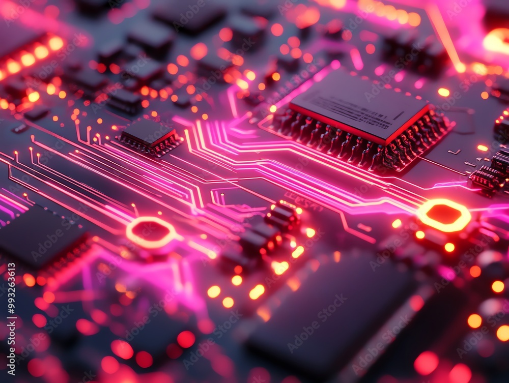 Poster close-up of a circuit board with glowing pink and orange lines, highlighting the intricate design an