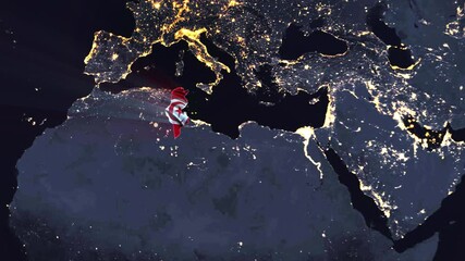 Realistic Digital Earth Night Orbit and Zoom Shining Country Flag Embedded in Borders Tunisia