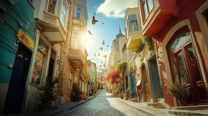 Naklejka premium Charming cobblestone street lined with colorful houses and fluttering butterflies in a vibrant neighborhood during golden hour