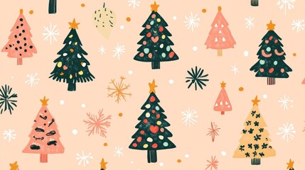 Christmas Tree Surrounded by Cute Kawaii Cartoon Characters, Colorful Monster Pattern Design