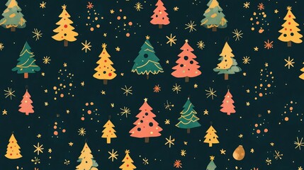 Christmas Tree Surrounded by Cute Kawaii Cartoon Characters, Colorful Monster Pattern Design