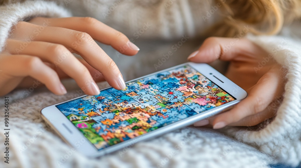 Aufkleber A close-up of a person playing a word puzzle game on their smartphone with intense focus Large space for text in center Stock Photo with copy space