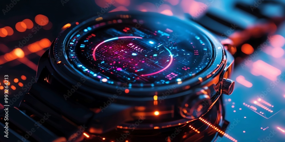 Poster close-up of a futuristic smartwatch with a glowing digital display.