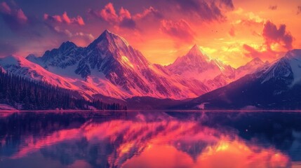 A breathtaking mountain range at sunset, with vibrant orange and pink hues reflecting off the snow-capped peaks and a tranquil lake in the