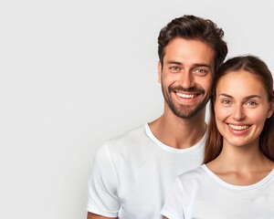 Obraz premium Smiling Happy Couple Wearing Casual White T-Shirts Posing Against Light Gray Background - Photograph for Lifestyle and People Concepts