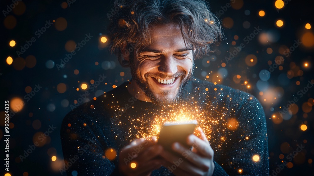 Poster a person looking excited as they get a correct guess in a word puzzle game on their phone glowing br