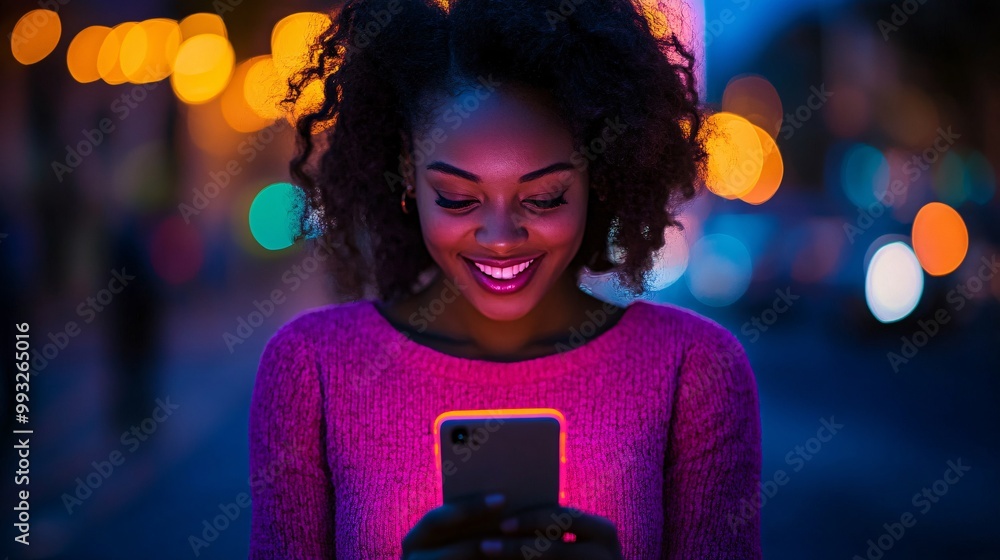 Poster A person looking excited as they get a correct guess in a word puzzle game on their phone glowing brightly Large space for text in center Stock Photo with copy space