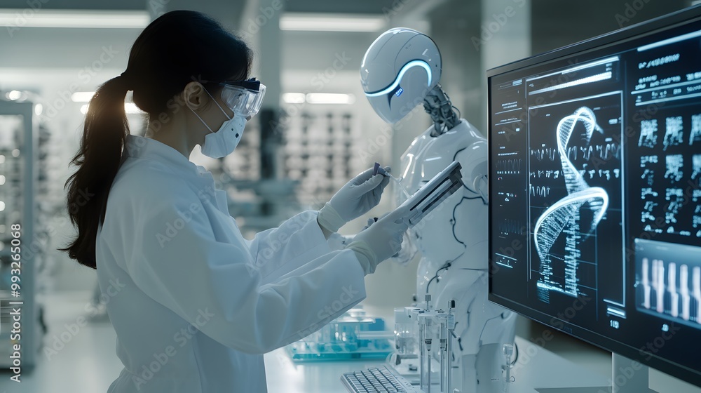 Poster female scientist working with a robot in a lab examining a dna structure on a monitor