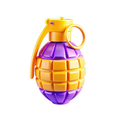 A vibrant, stylized toy grenade featuring purple and yellow colors. This playful design is meant for kids and is isolated on a black background.