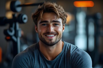 Obraz premium Smiling Fitness Influencer Recording Workout Tutorial in Modern Gym