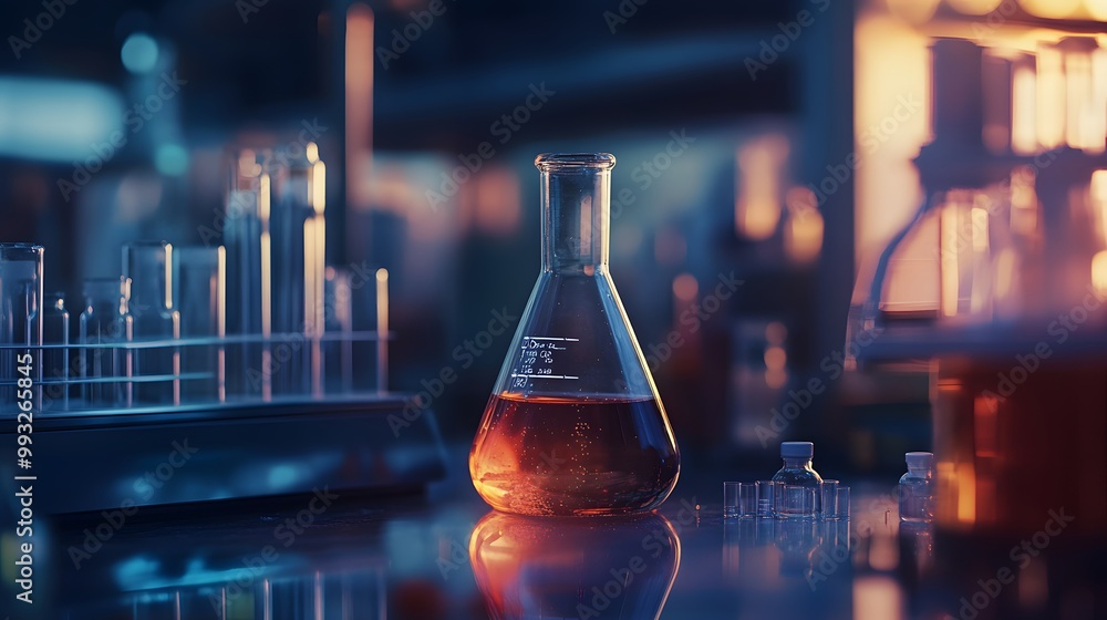 Poster glass erlenmeyer flask filled with amber liquid in a laboratory setting