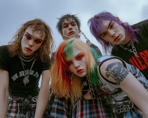 A group of young men and women with coloured hair in alternative modern e-boy and e-girl styles