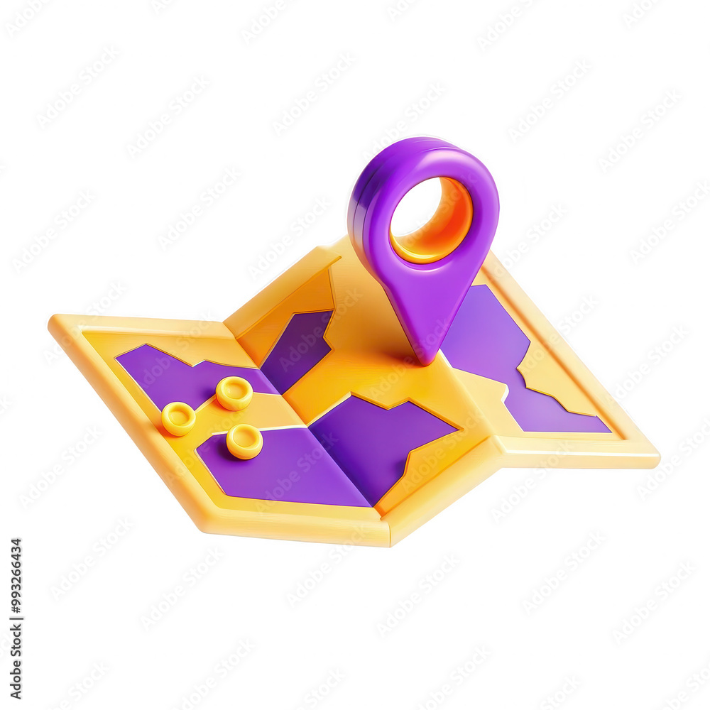Poster a colorful 3d rendering of a map icon featuring a prominent location pin. the map is decorated with 