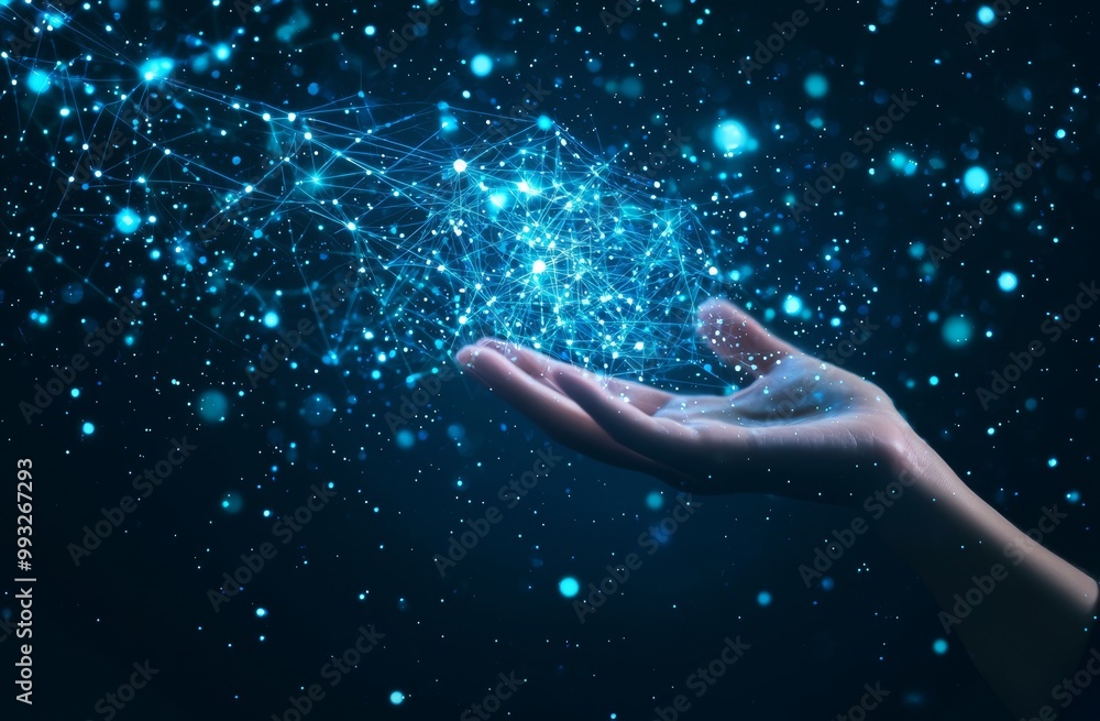Aufkleber hand holding global network connection. internet communication, wireless connection technology. poly