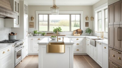 Fototapeta premium Luxurious farmhouse kitchen with a large central island