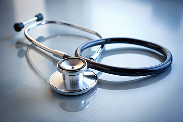 A modern stethoscope lying on a clean white surface with soft lighting.