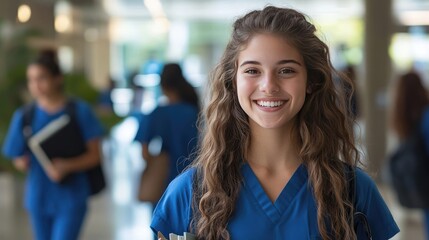 Obraz premium A Young Female Nursing Student Smiling in Blue Scrubs at Hospital Entrance