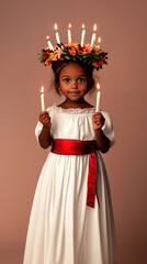 A little african girl dressed as Saint Lucia, with a green wreath on her head, in a white dress with a red belt and holding candles in her hands. Pink pastel background. Hyper-realistic photo, high qu